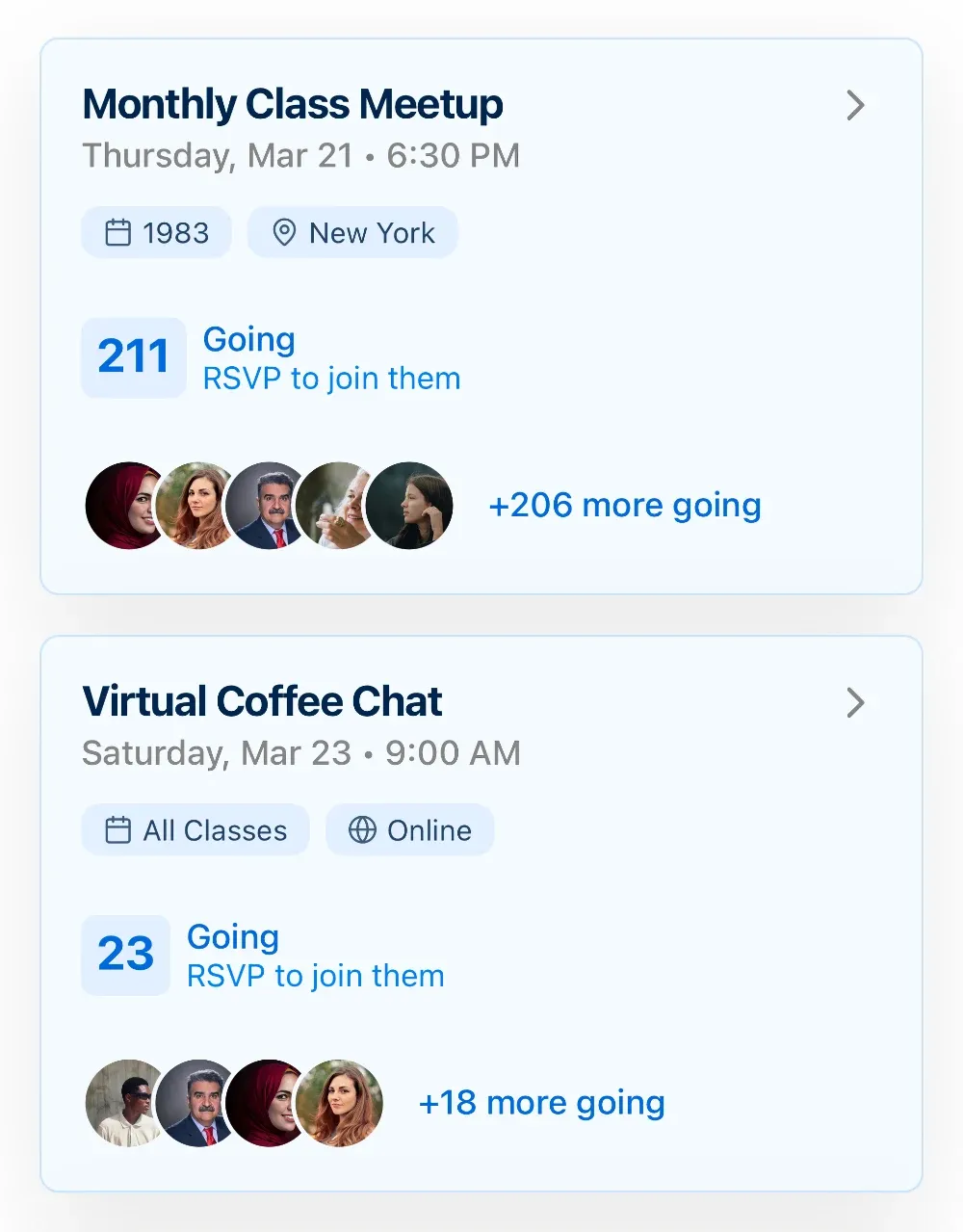 Event organization interface showing alumni-driven gatherings