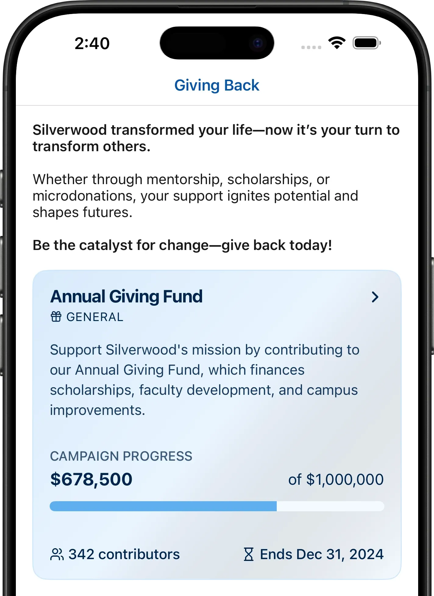 Giving interface showing microdonations and mentorship
